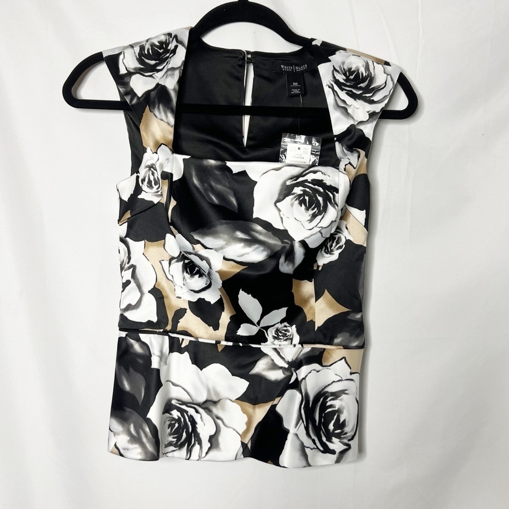 NEW with tags Black House White Market Square Neckline Floral Black White Top